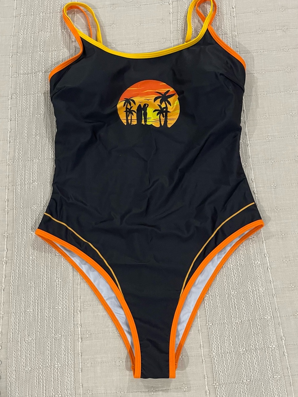 Women Black One-Piece Swimsuit with Sunset Graphic